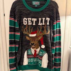 Ugly Christmas Sweater 'Get Lit' Reindeer in Black and Green